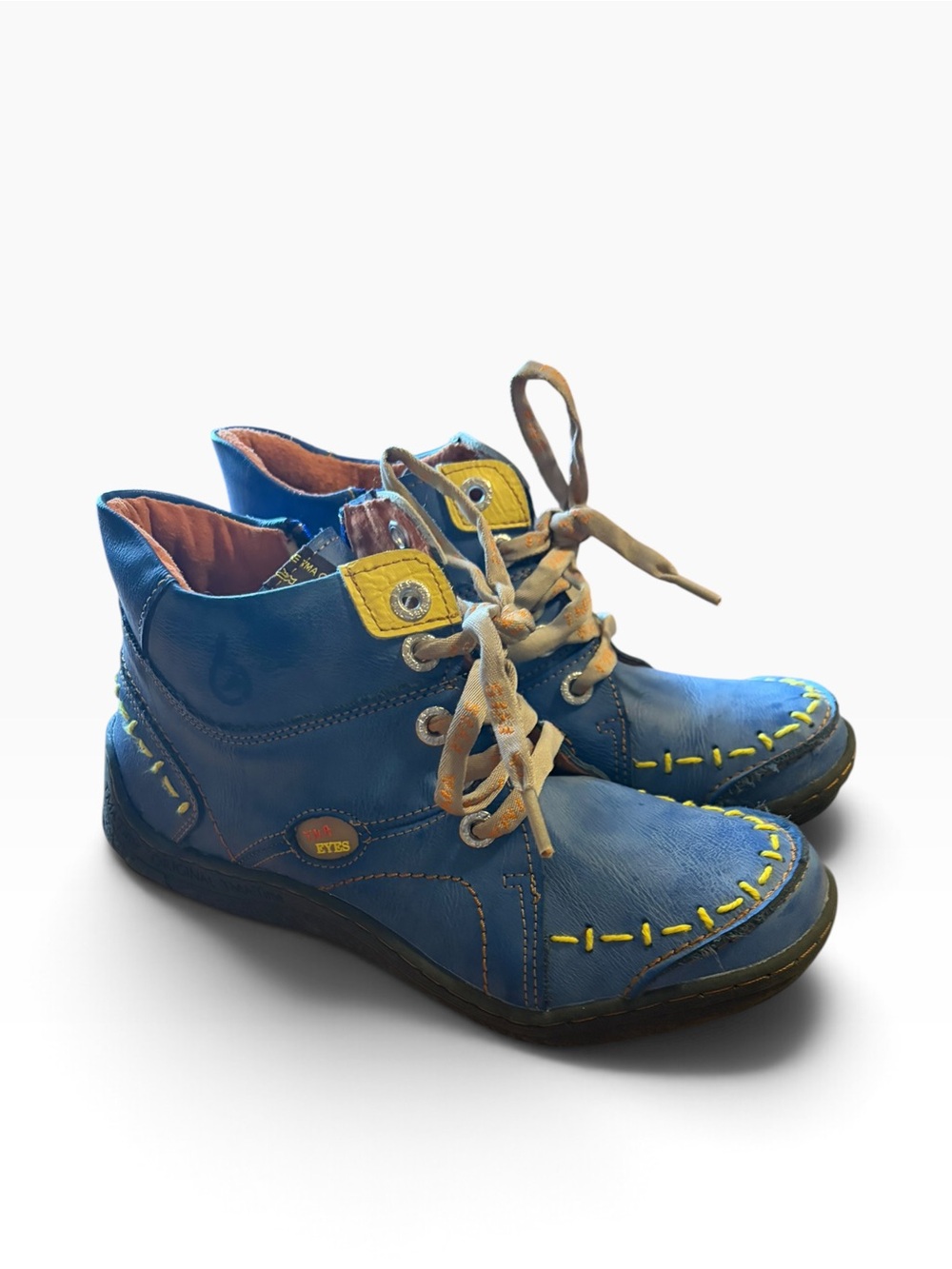 Blue Lace-Up Women’s Boots with Yellow Stitching
